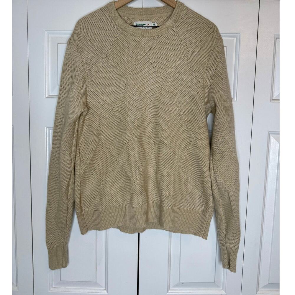 VINTAGE WELLEN Men's Medium Crewneck Wool Ribbed Sweater Tan Diamond Texture